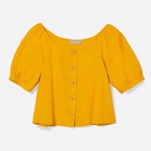 Everlane The Linen Puff Sleeve Top Button Front Mustard Yellow sz 4